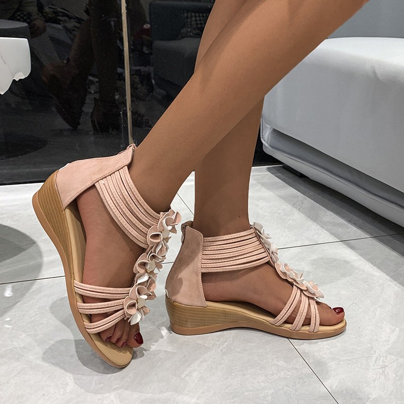 (image for) Back-zip low wedge sandal with 3D floral straps