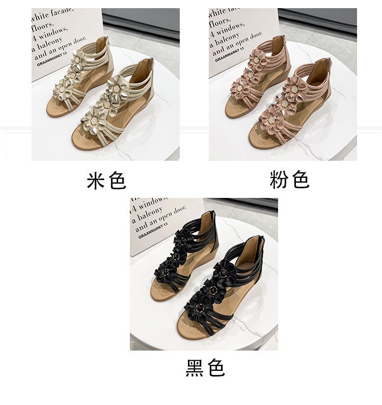 (image for) Back-zip low wedge sandal with 3D floral straps