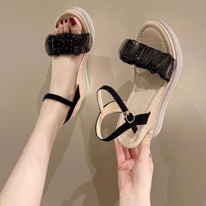 (image for) Ruffled tulle wedge sandal with ankle strap