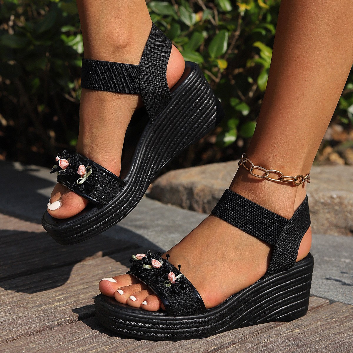 (image for) Wedge sandal with ankle strap and decorative instep detail