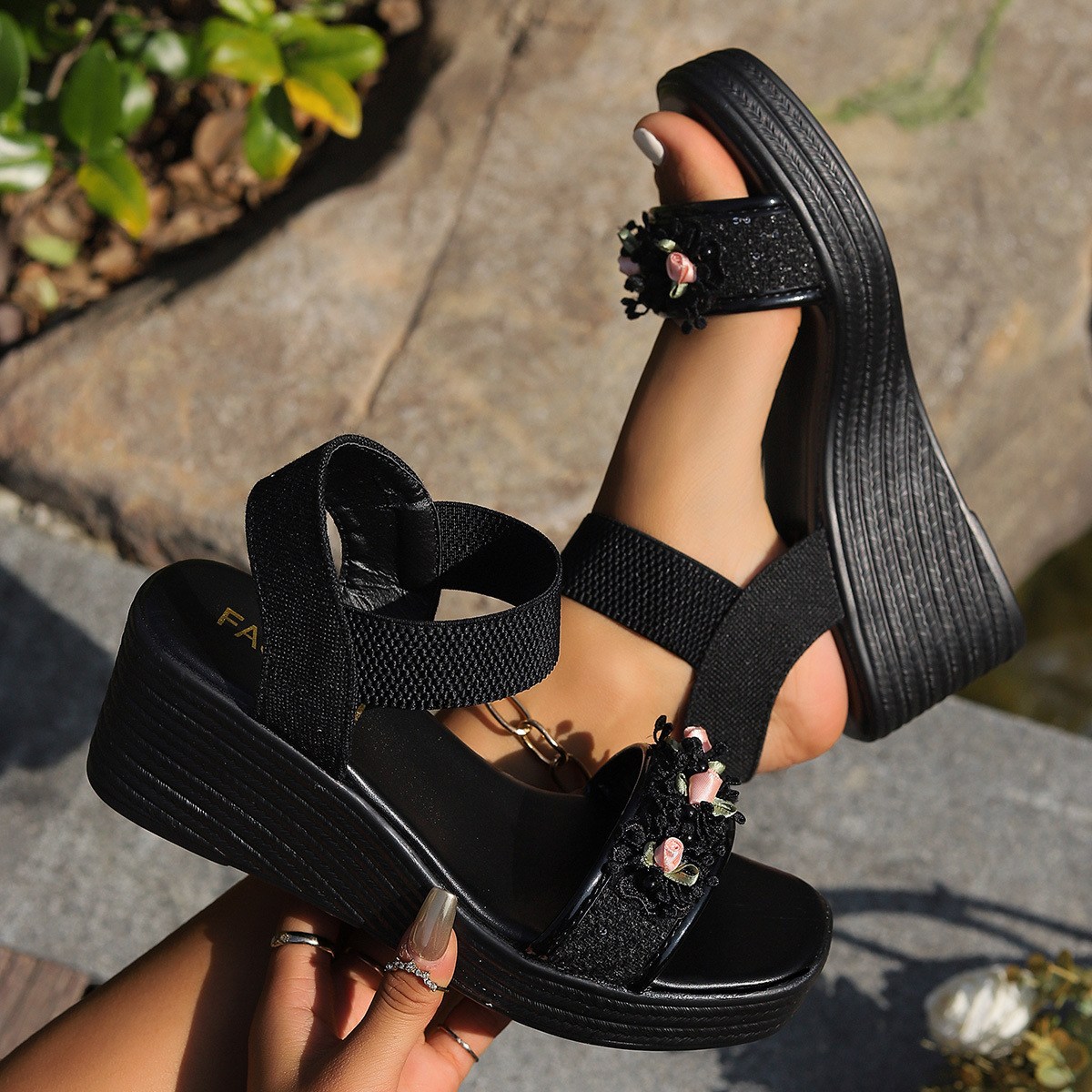 (image for) Wedge sandal with ankle strap and decorative instep detail