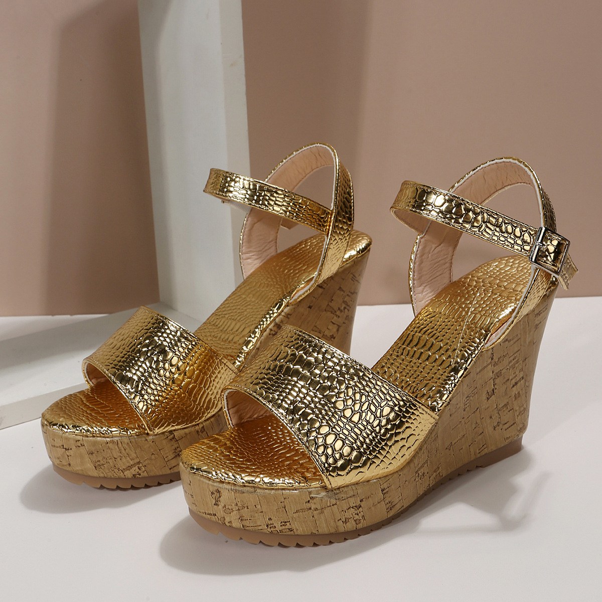(image for) Reptile-embossed wedge sandals with cork-look platform