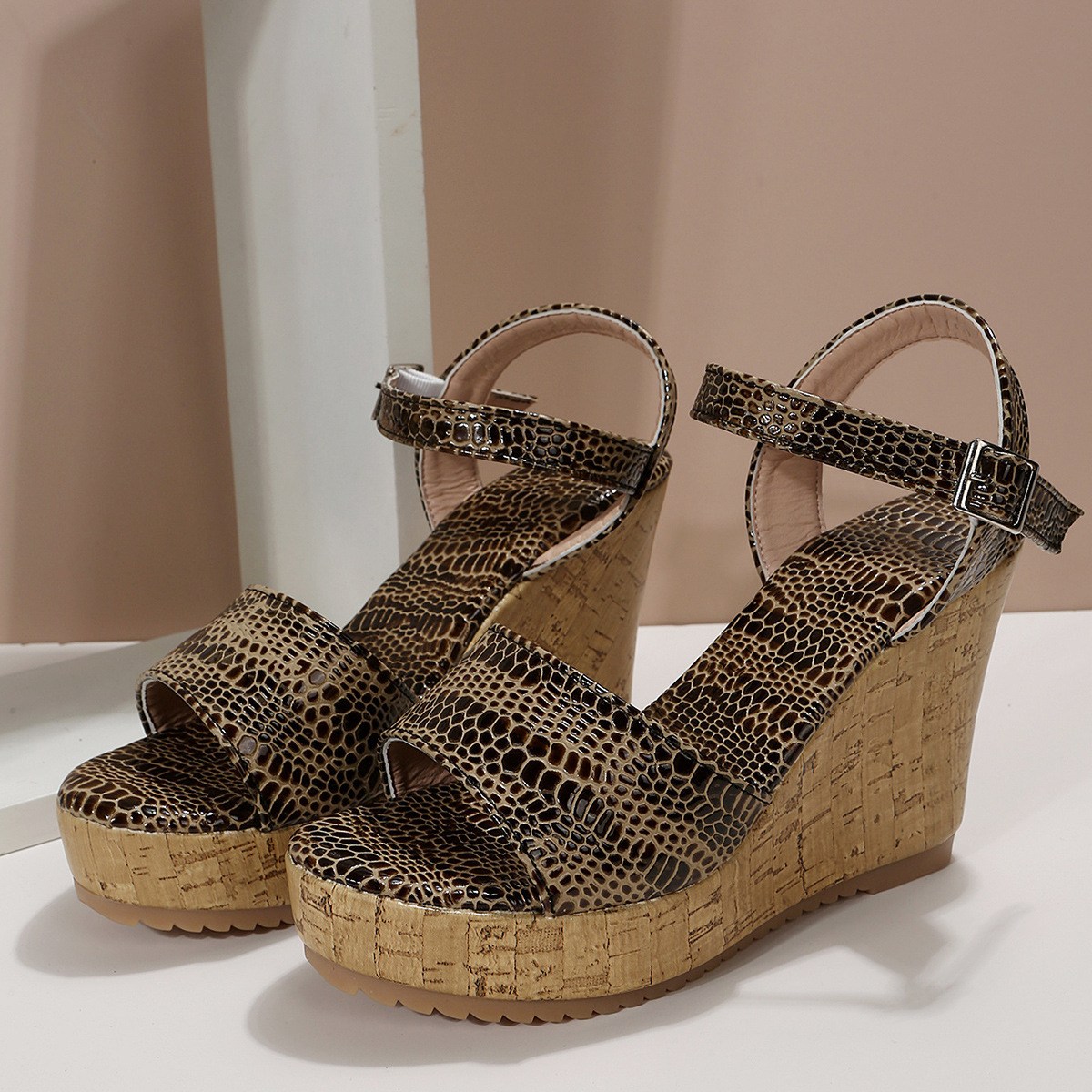 (image for) Reptile-embossed wedge sandals with cork-look platform