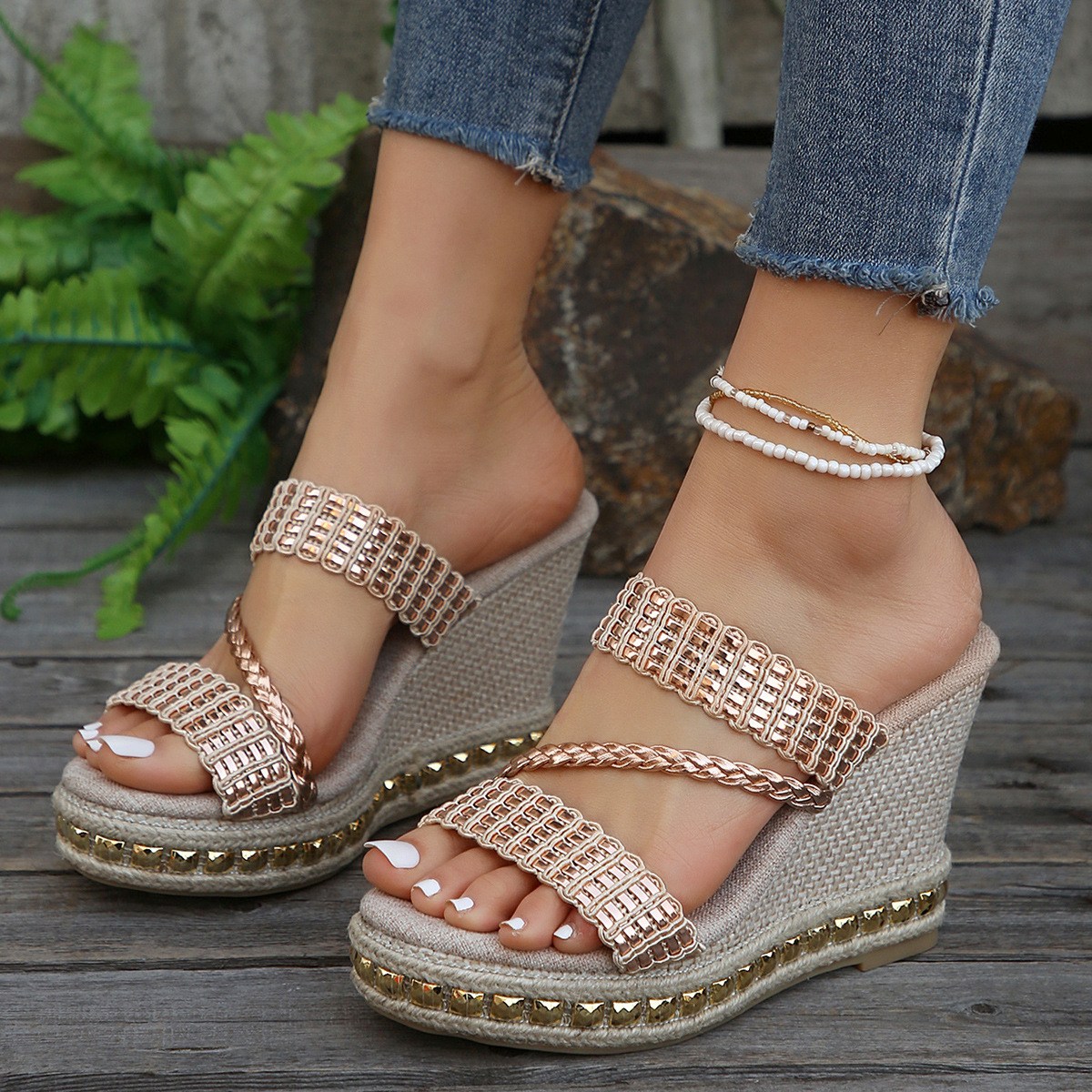 (image for) High wedge slide with metallic straps and espadrille-look platform
