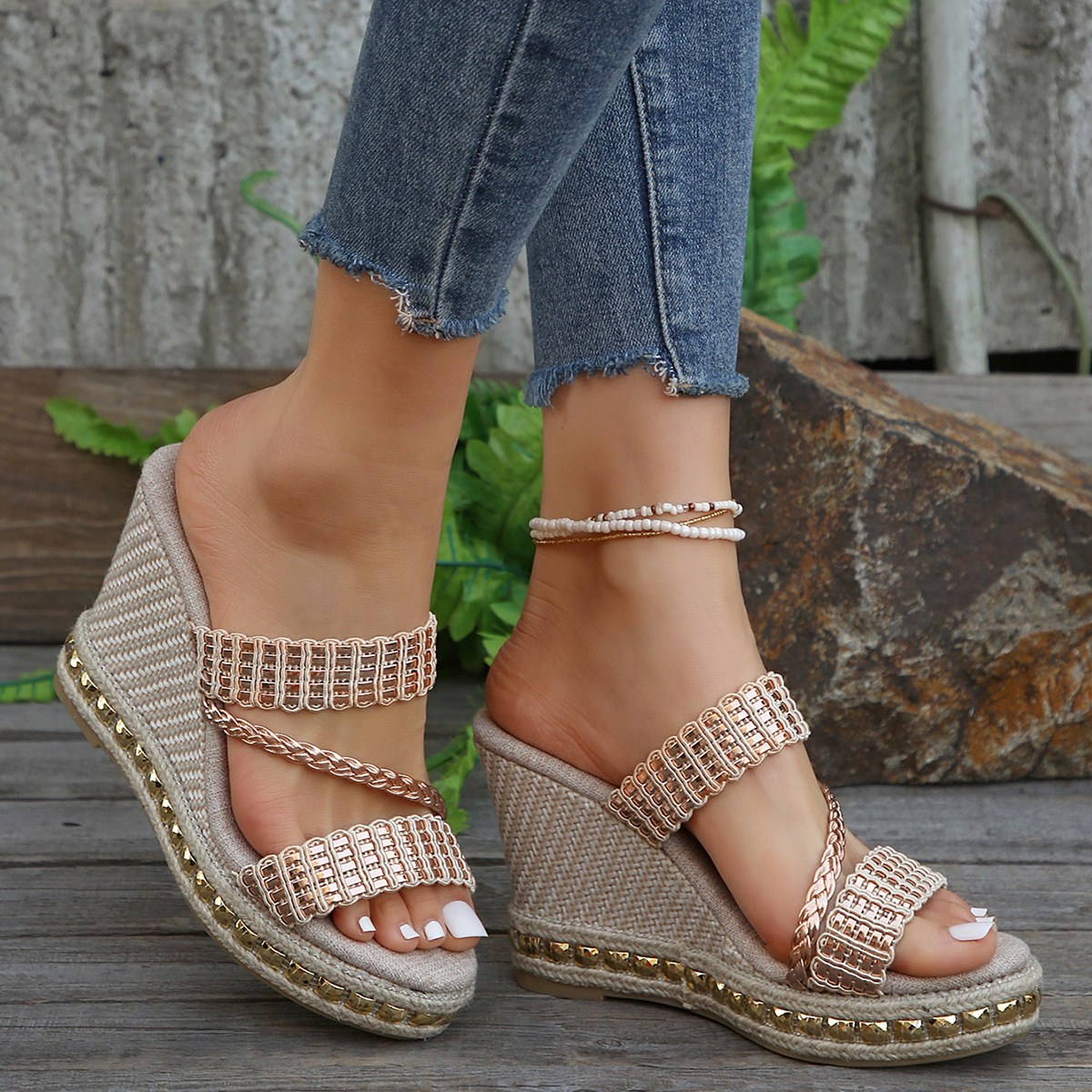 (image for) High wedge slide with metallic straps and espadrille-look platform