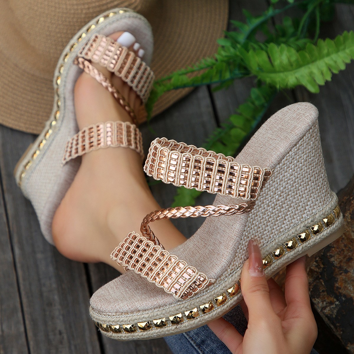 (image for) High wedge slide with metallic straps and espadrille-look platform