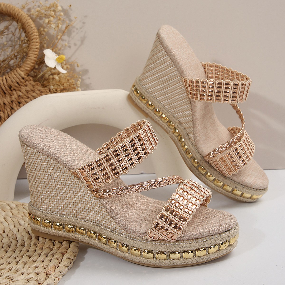 High wedge slide with metallic straps and espadrille-look platform (image for) High wedge slide with metallic straps and espadrille-look platform