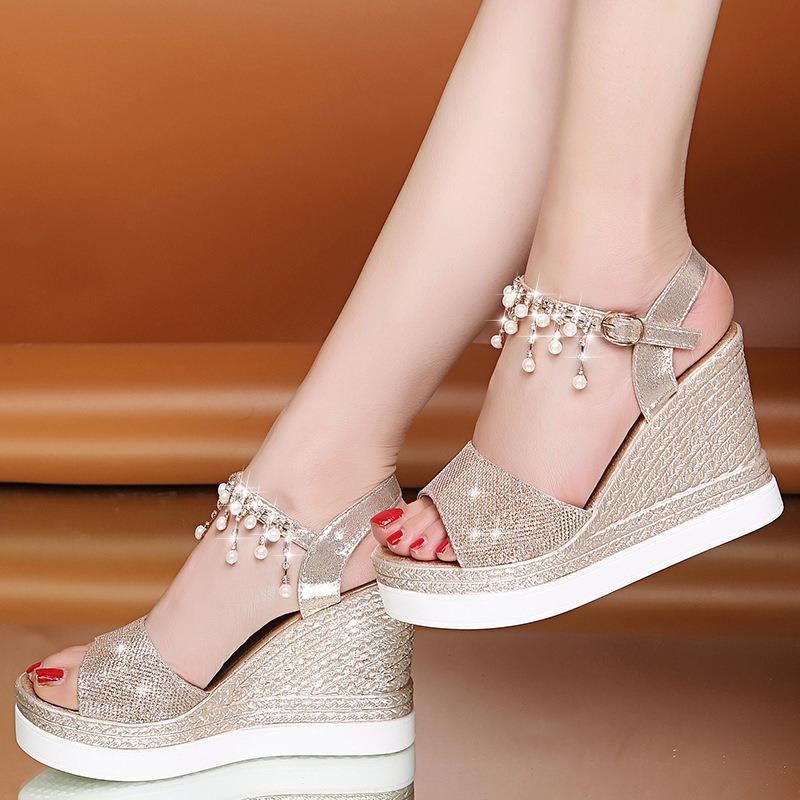 (image for) Glam wedge sandal with pearl ankle strap
