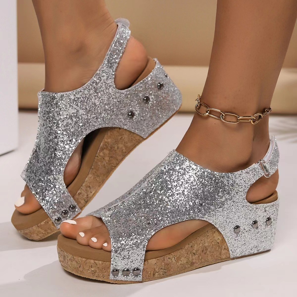 (image for) Sparkle wedge sandal with cork-look platform and back strap