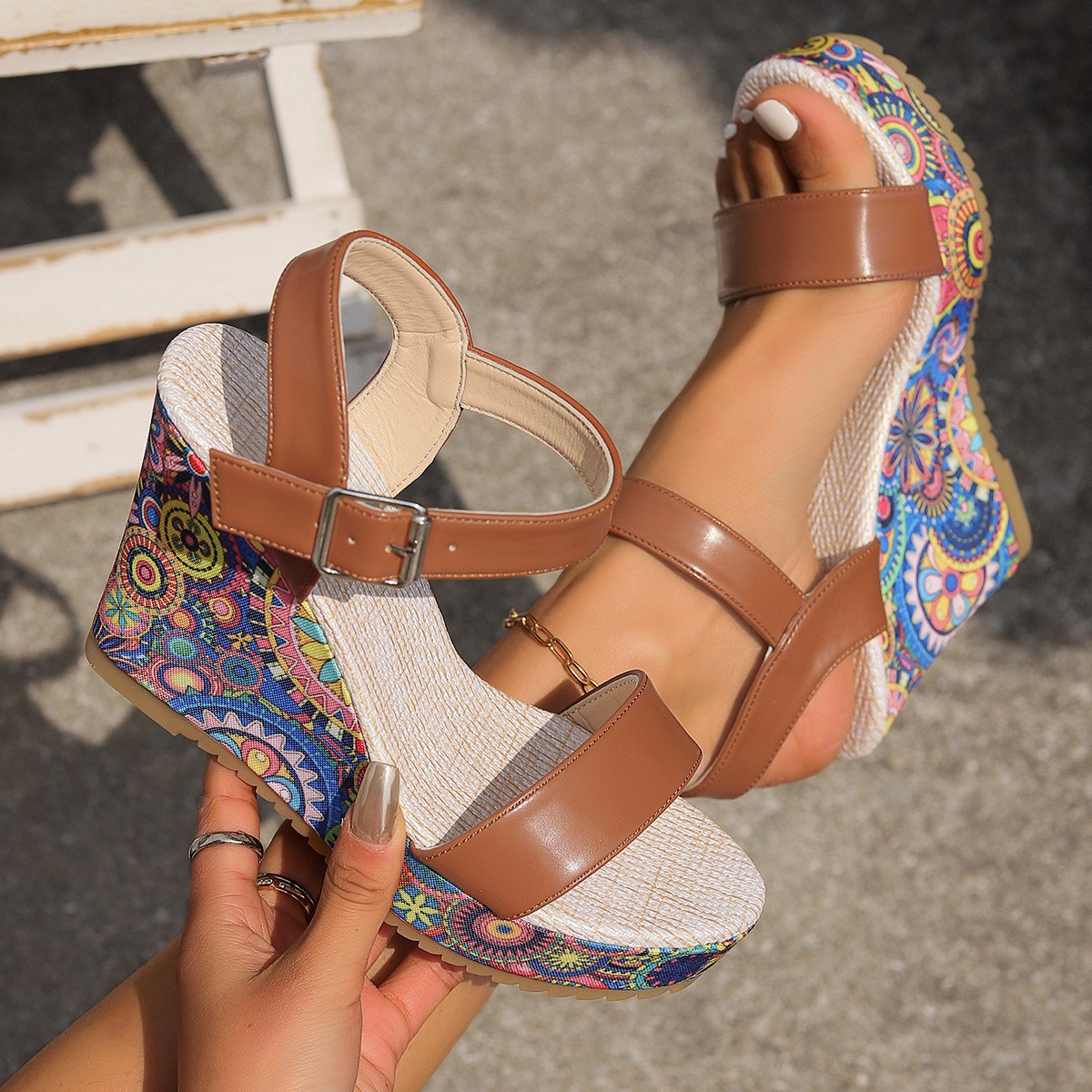 (image for) Wedge sandal with mixed straps and decorated base for seasonal edits