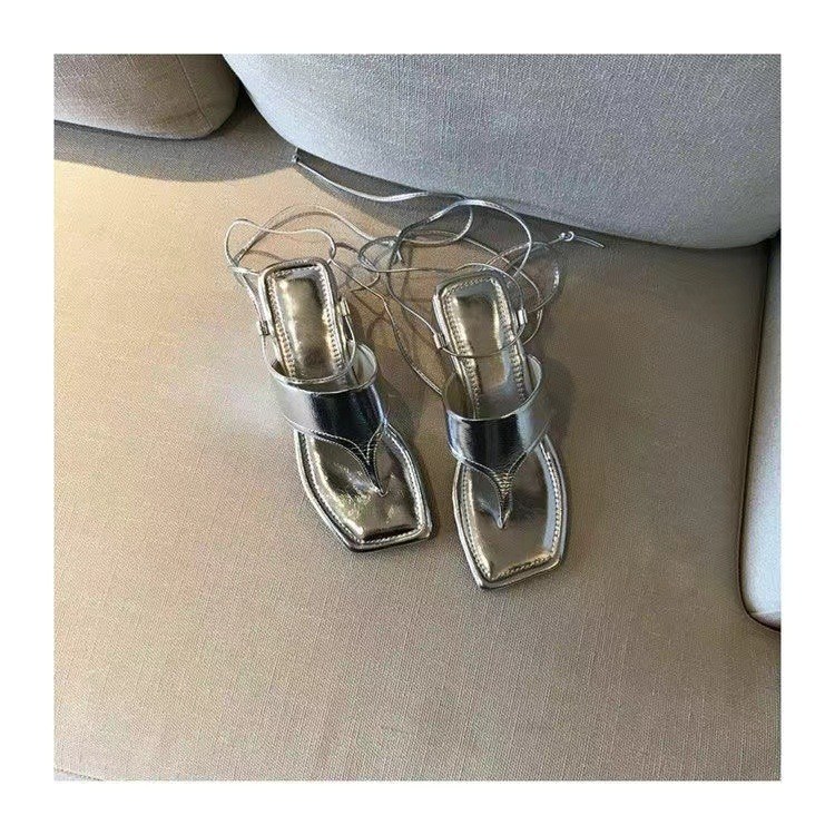 (image for) High-shine wedge thong sandal with wraparound ankle ties