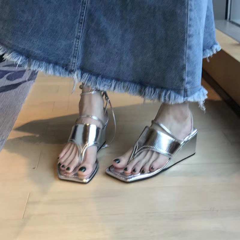 (image for) High-shine wedge thong sandal with wraparound ankle ties