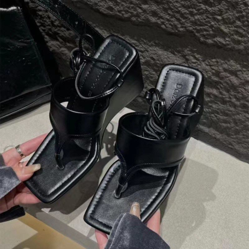 (image for) High-shine wedge thong sandal with wraparound ankle ties