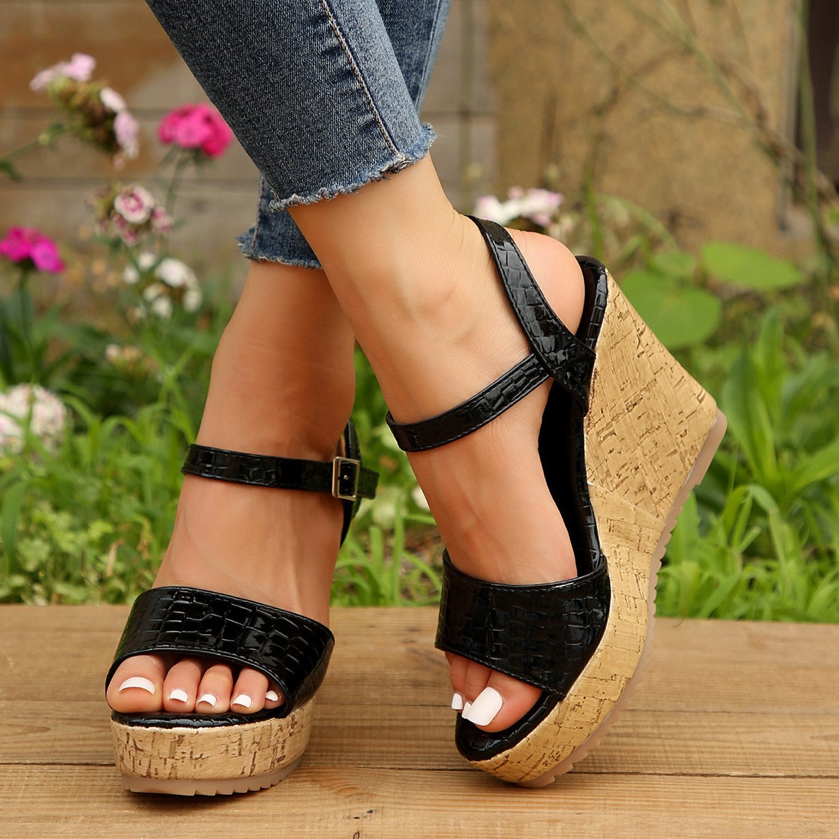 (image for) Wedge sandal with cork-look platform and reptile-embossed straps