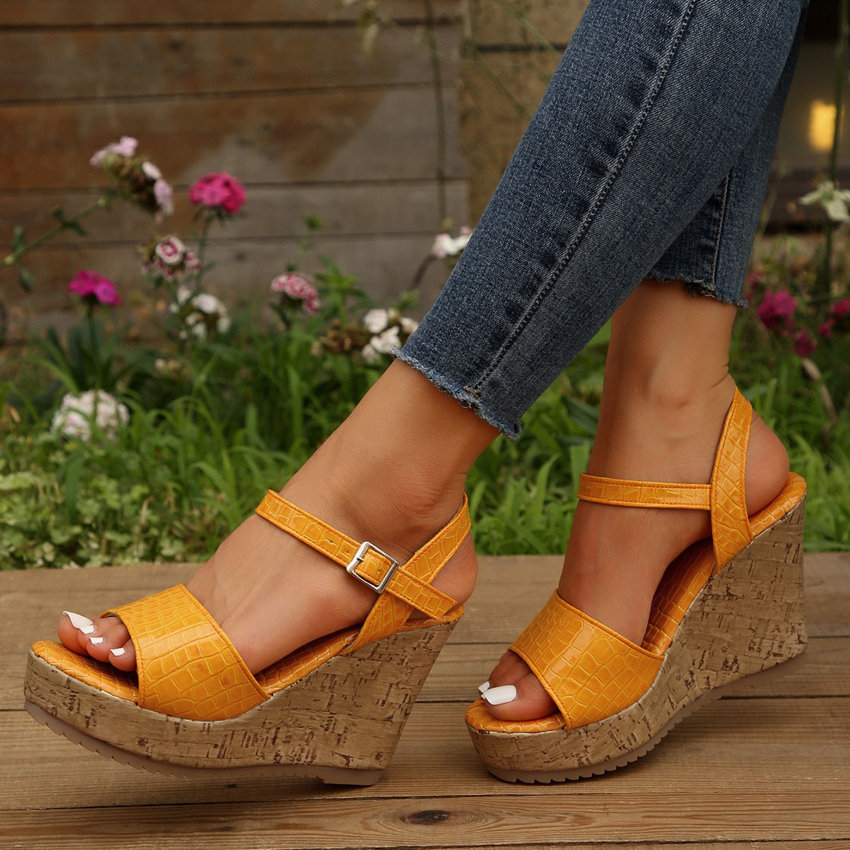 (image for) Wedge sandal with cork-look platform and reptile-embossed straps