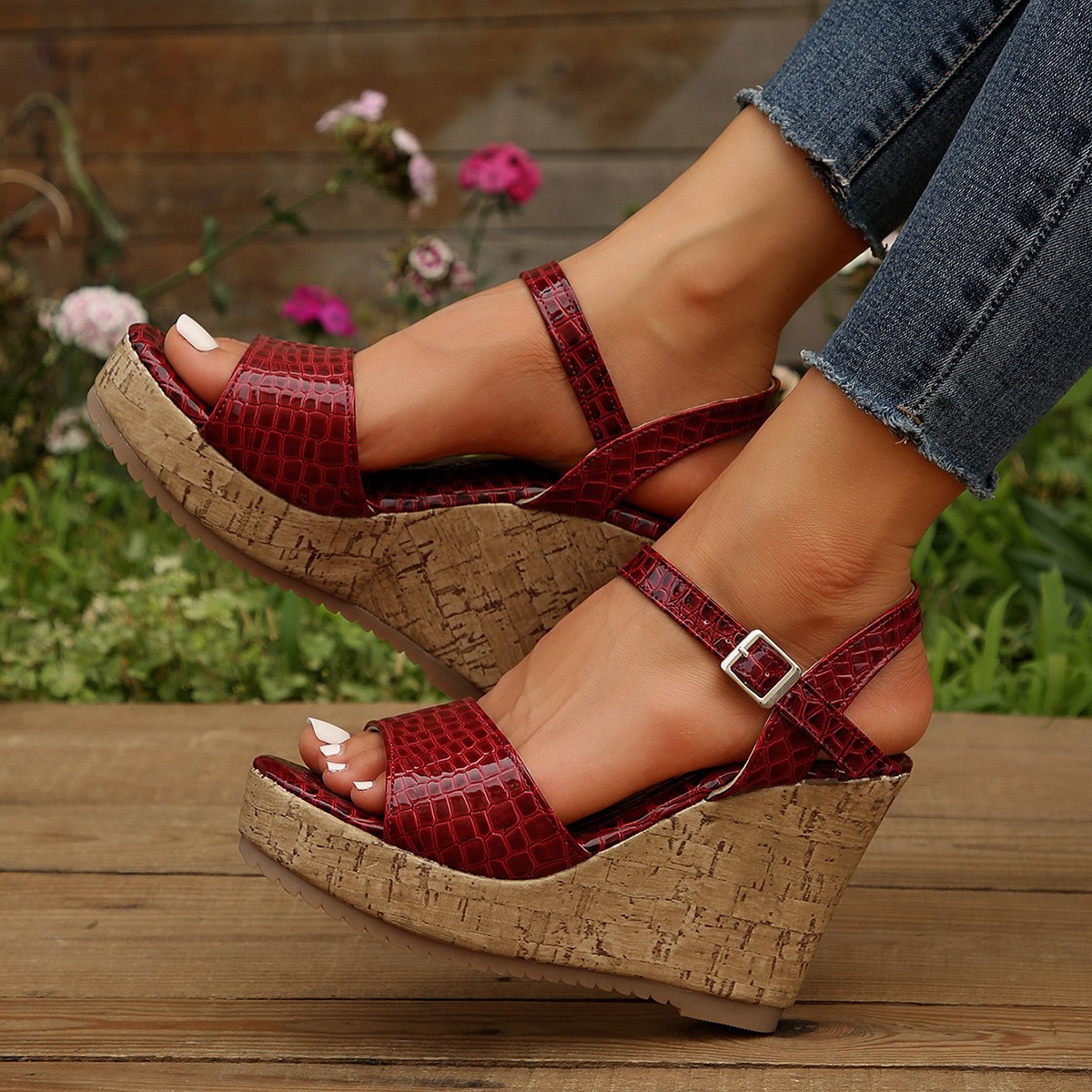(image for) Wedge sandal with cork-look platform and reptile-embossed straps