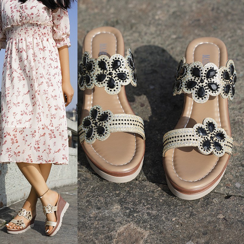 (image for) Jewel-flower wedge mules with cushioned platform