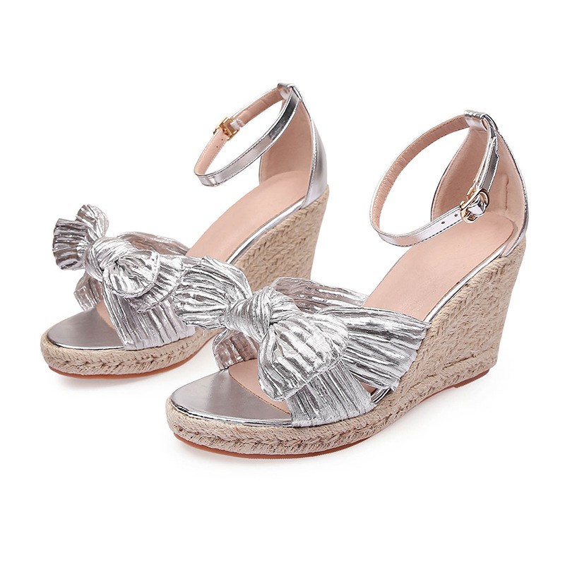 (image for) Espadrille wedge sandal with ankle strap and metallic bow