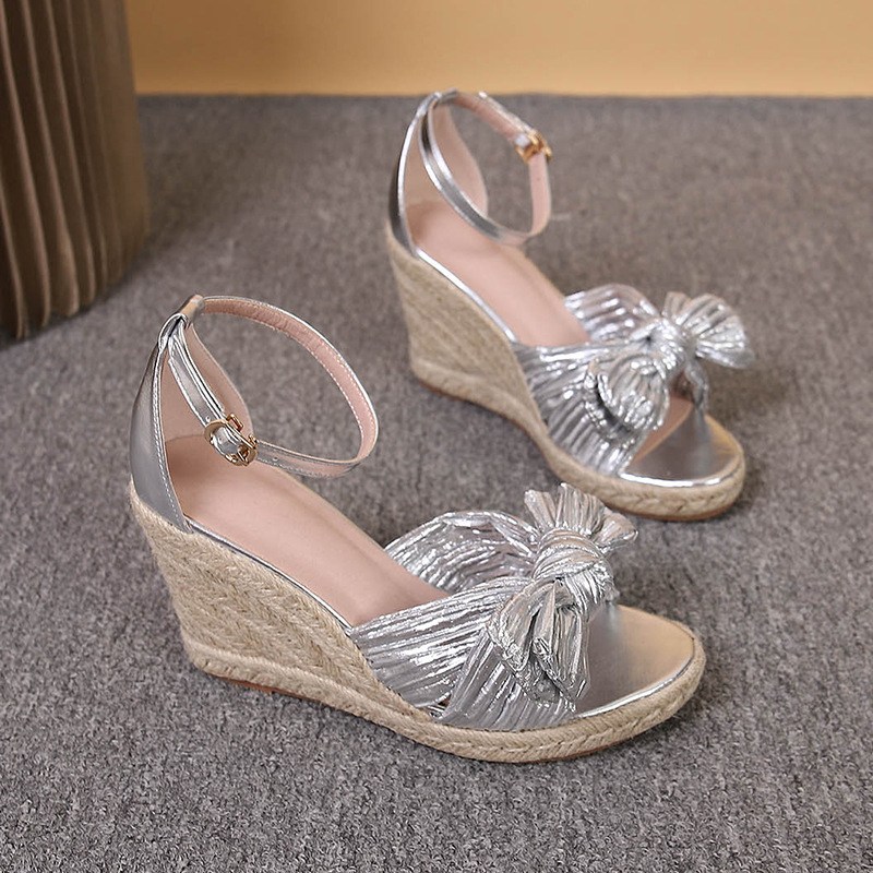 (image for) Espadrille wedge sandal with ankle strap and metallic bow