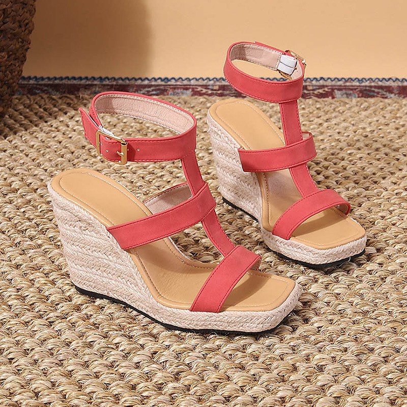 (image for) T-strap espadrille wedge sandal with ankle buckle