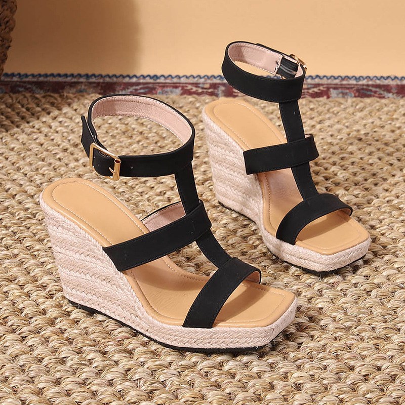 (image for) T-strap espadrille wedge sandal with ankle buckle