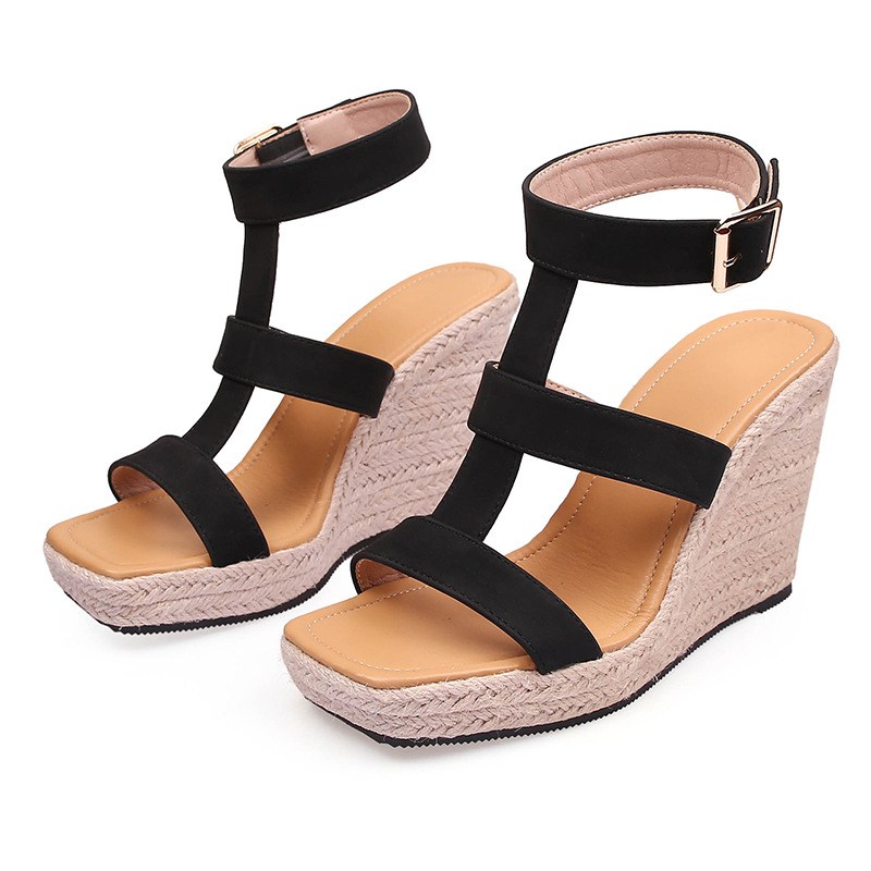 (image for) T-strap espadrille wedge sandal with ankle buckle