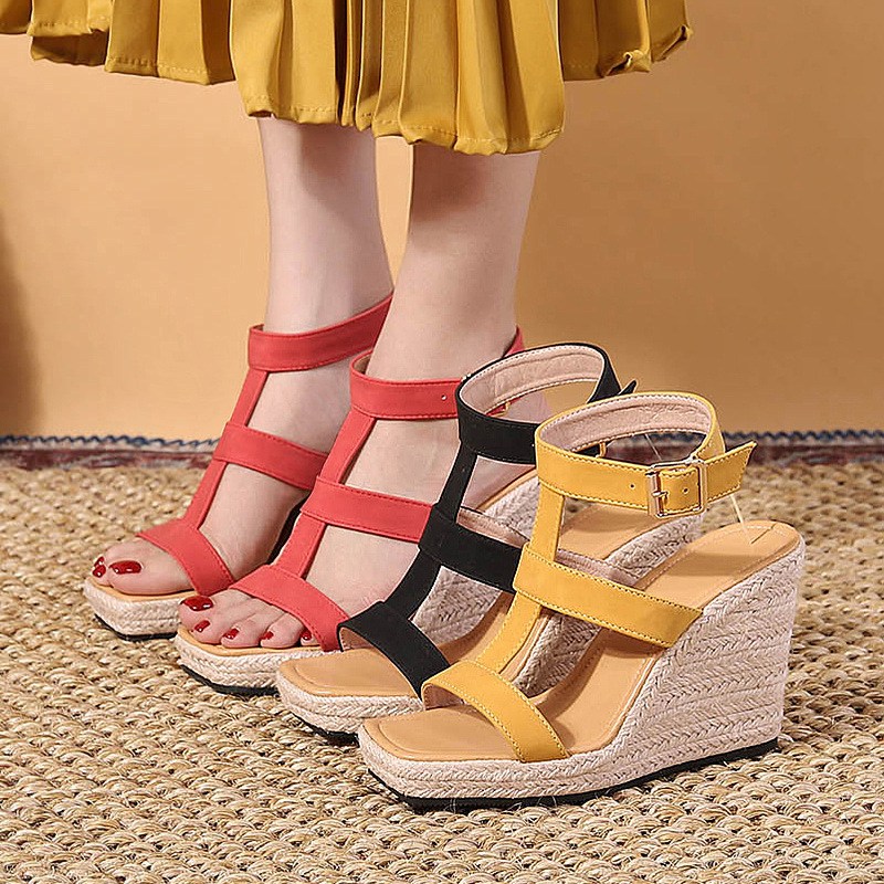 (image for) T-strap espadrille wedge sandal with ankle buckle