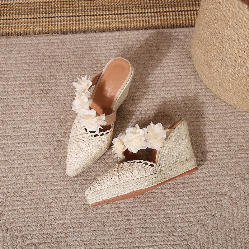(image for) Closed-toe espadrille wedge mules with 3D floral strap