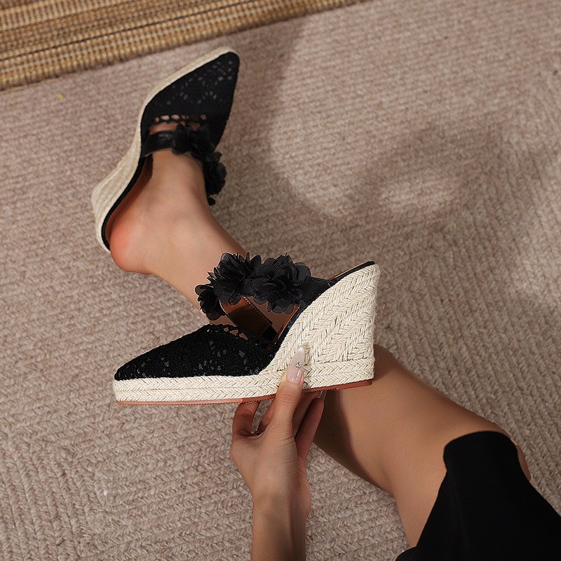 (image for) Closed-toe espadrille wedge mules with 3D floral strap