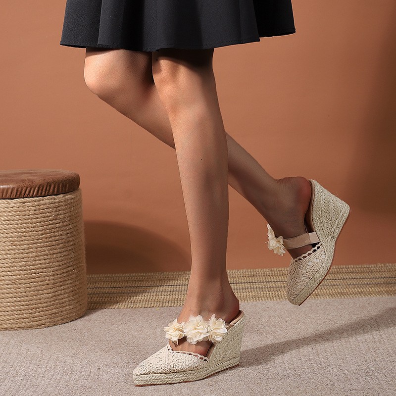 (image for) Closed-toe espadrille wedge mules with 3D floral strap