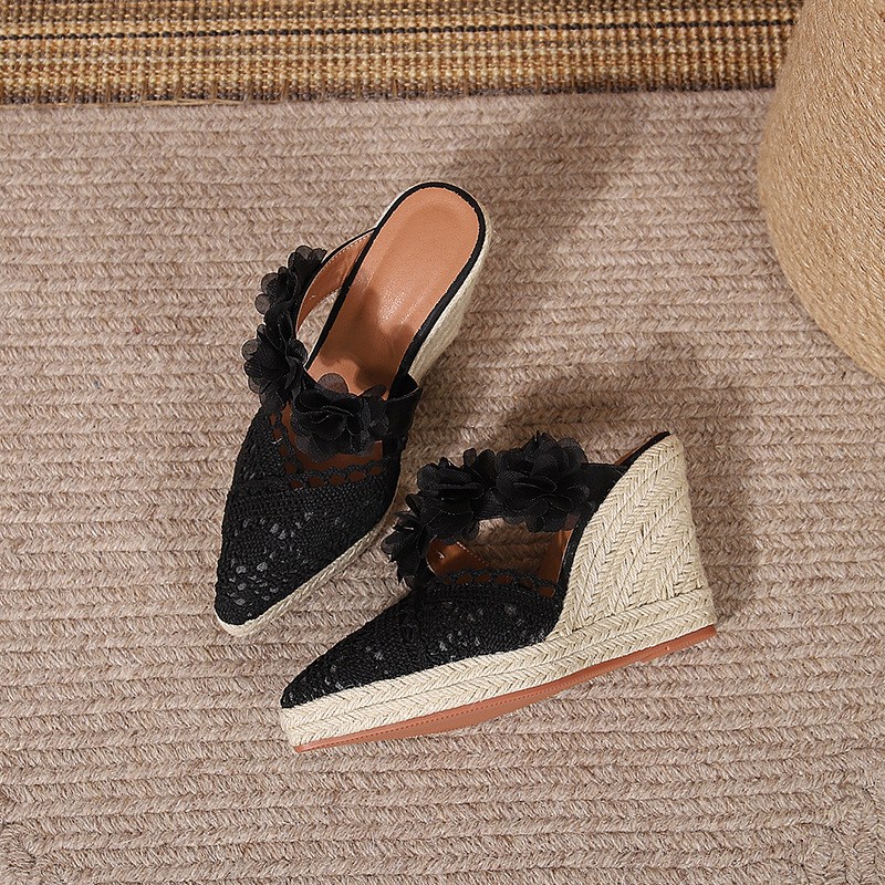(image for) Closed-toe espadrille wedge mules with 3D floral strap