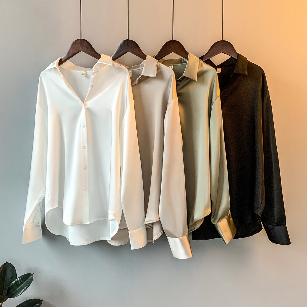 Satin Button-Down Blouse with Classic Collar (image for) Satin Button-Down Blouse with Classic Collar