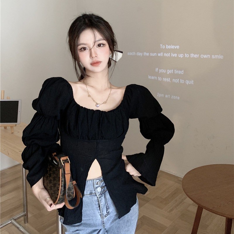 Ruched cropped top with puff sleeves and front cutout (image for) Ruched cropped top with puff sleeves and front cutout