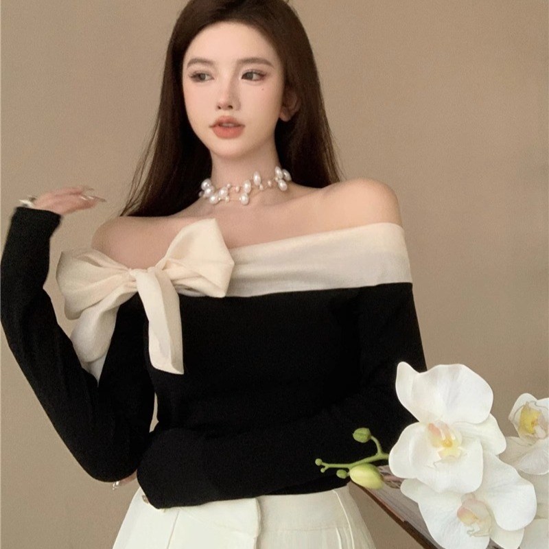 Blusa Manga larga entallada off-shoulder bicolor con lazo (imagen de) Blusa Manga larga entallada off-shoulder bicolor con lazo