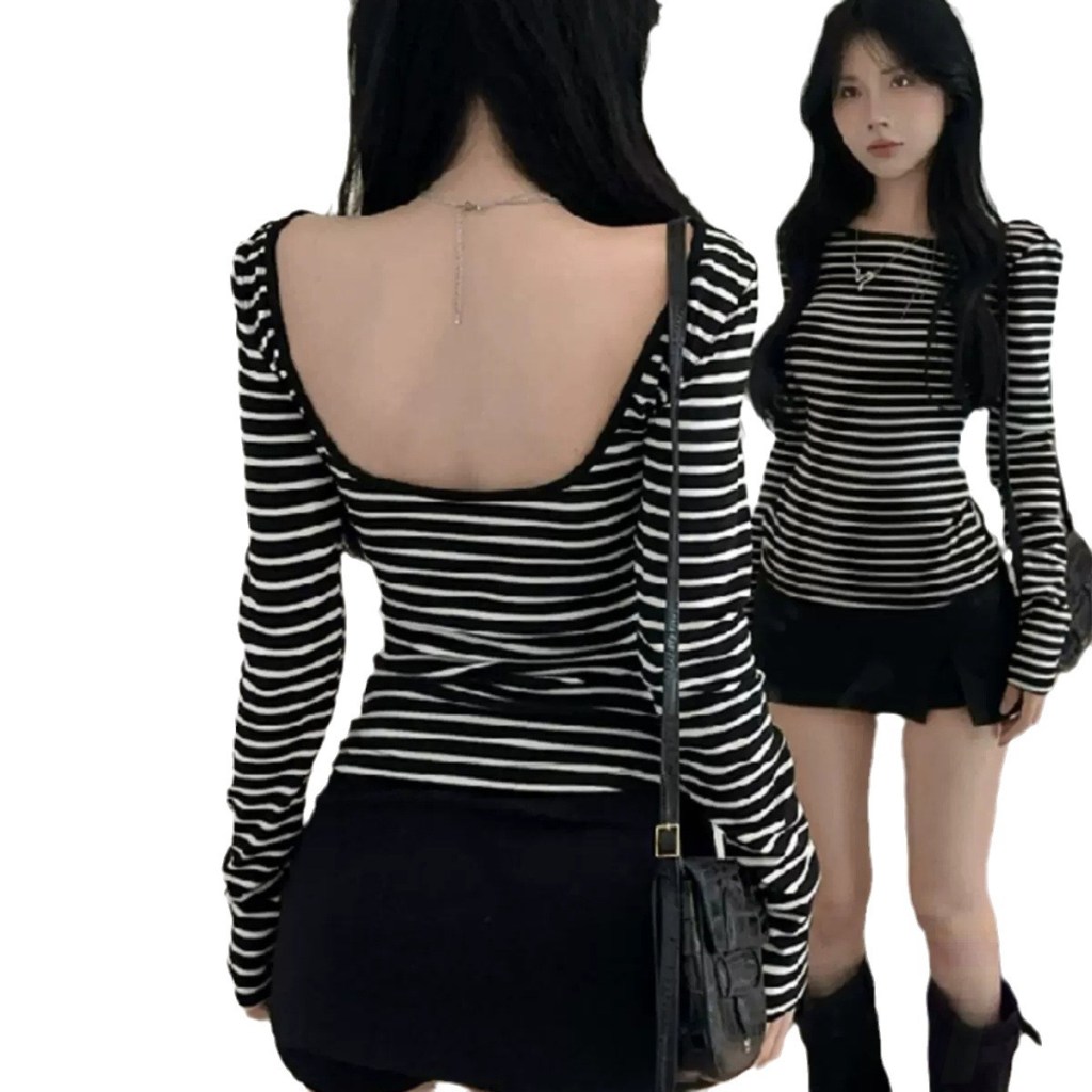 (imagen de) Blusa Manga larga entallada rayas bicolor con escote espalda