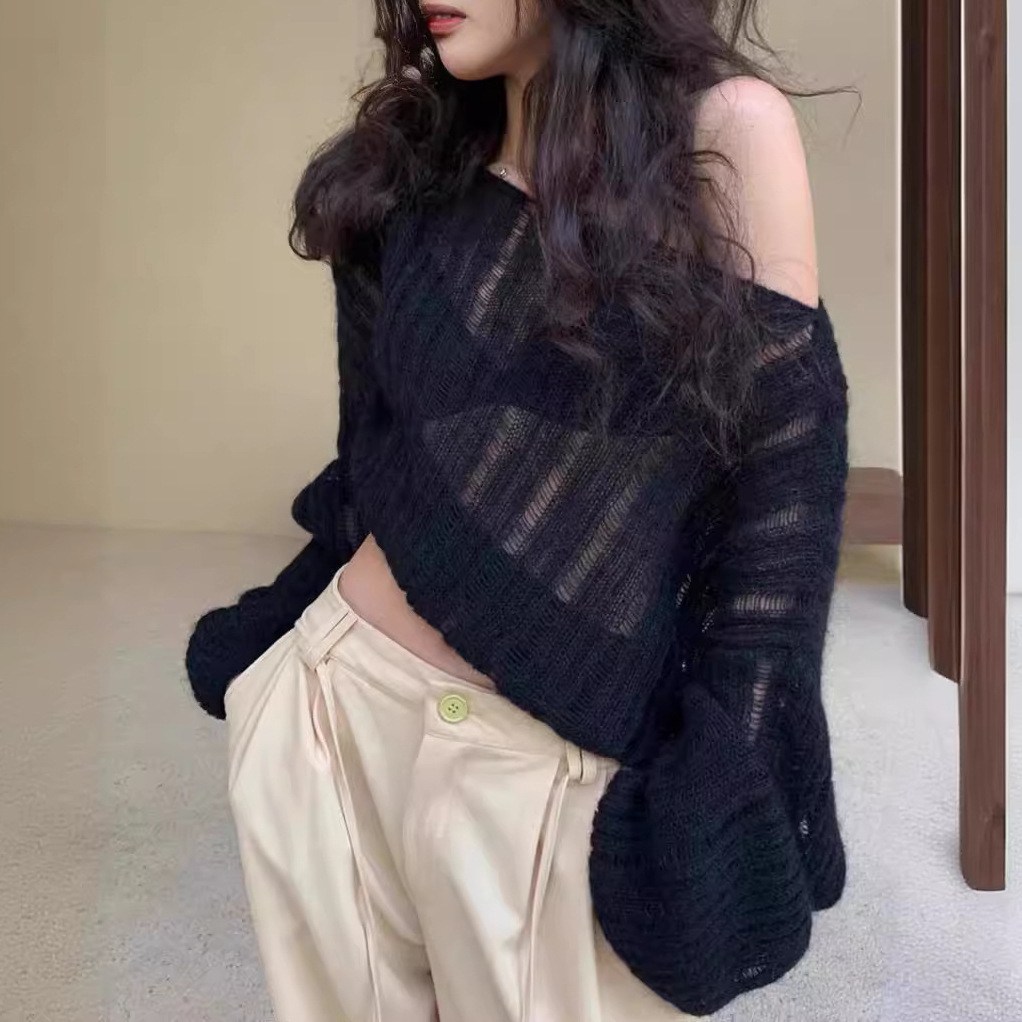 (image for) Open‑knit cropped oversized sweater with off‑shoulder detail