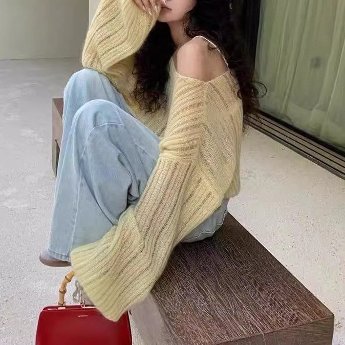 (image for) Open‑knit cropped oversized sweater with off‑shoulder detail