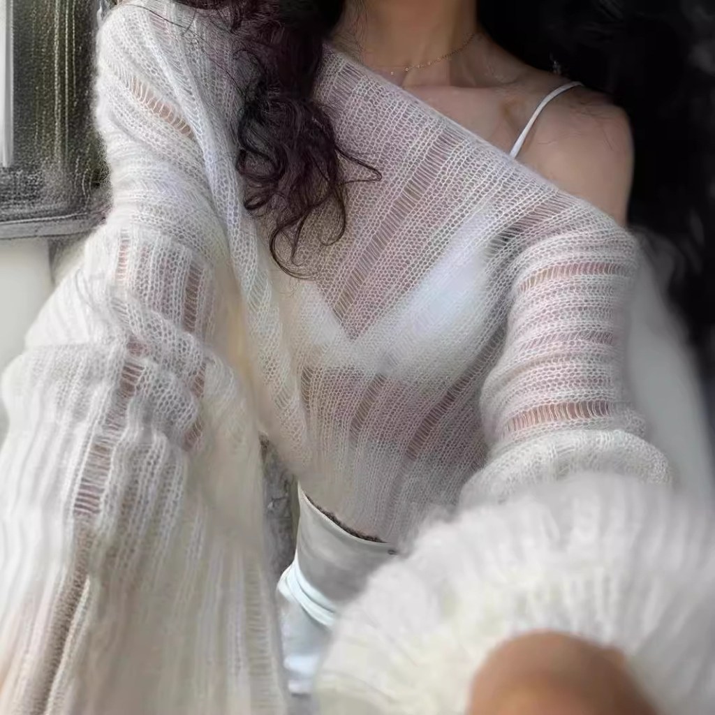 Jersey cropped de punto abierto oversize con hombro caído (imagen de) Jersey cropped de punto abierto oversize con hombro caído
