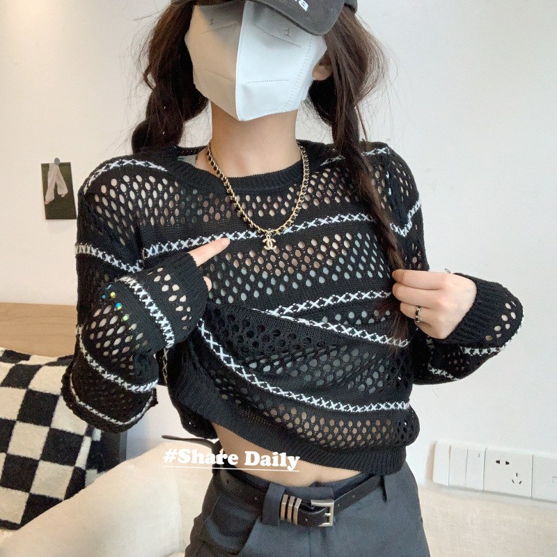 (imagen de) Jersey cropped calado de punto abierto con detalle de rayas