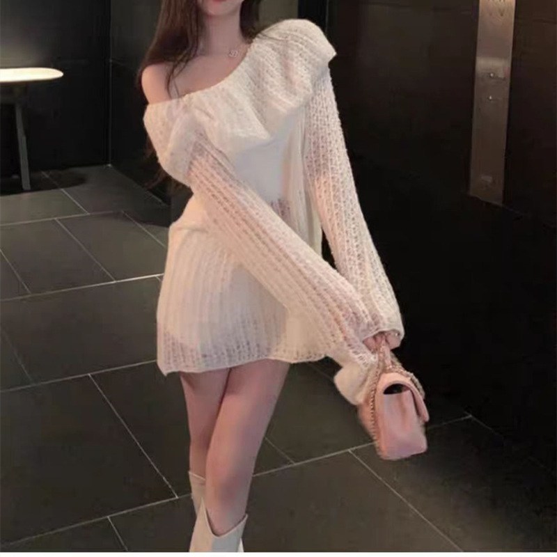 (image for) Off-Shoulder Open-Knit Mini Dress