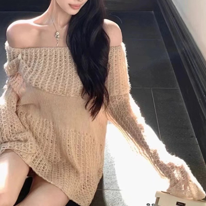 (image for) Off-Shoulder Open-Knit Mini Dress