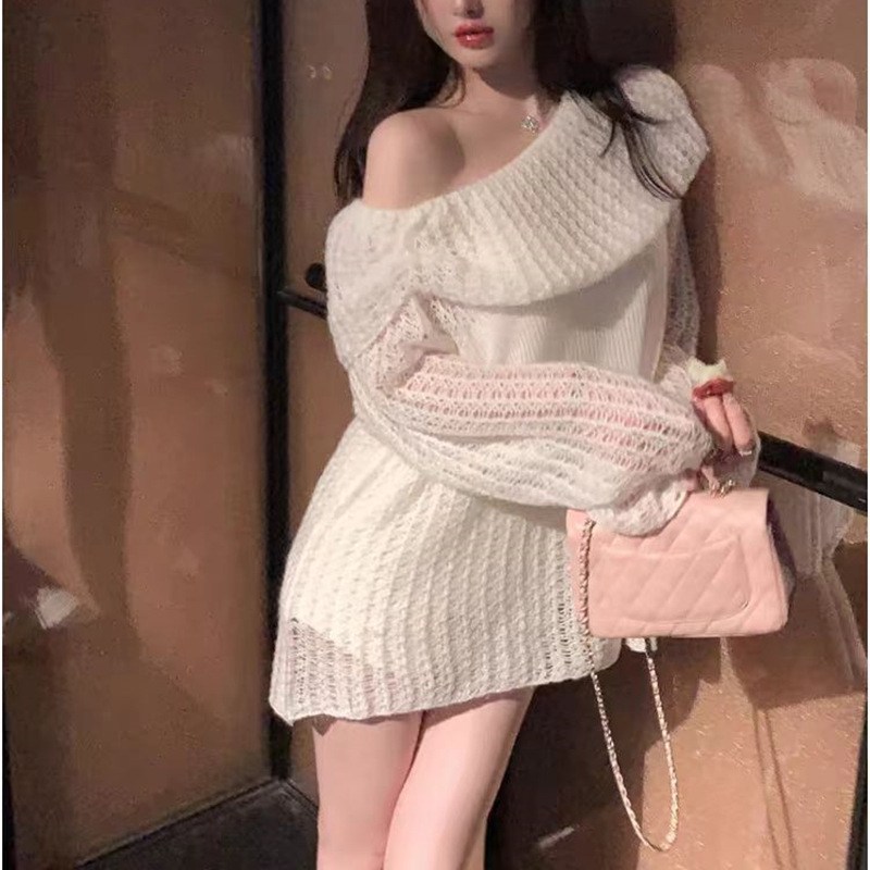 (image for) Off-Shoulder Open-Knit Mini Dress