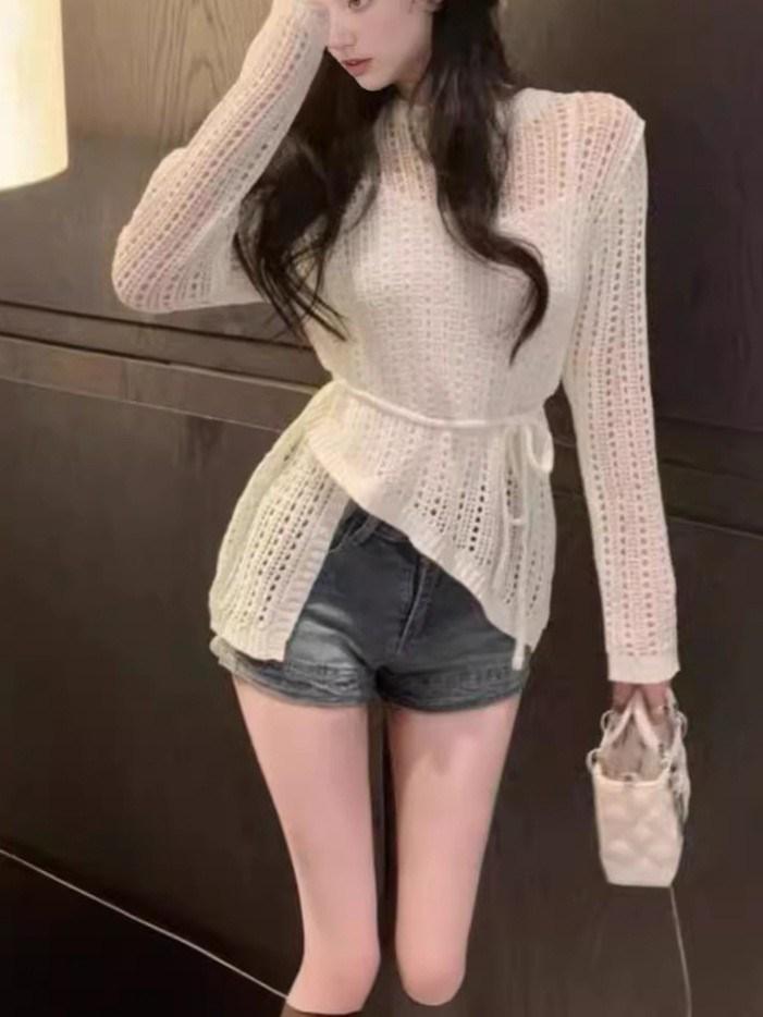 Open-knit sweater with tie and asymmetric hem (image for) Open-knit sweater with tie and asymmetric hem