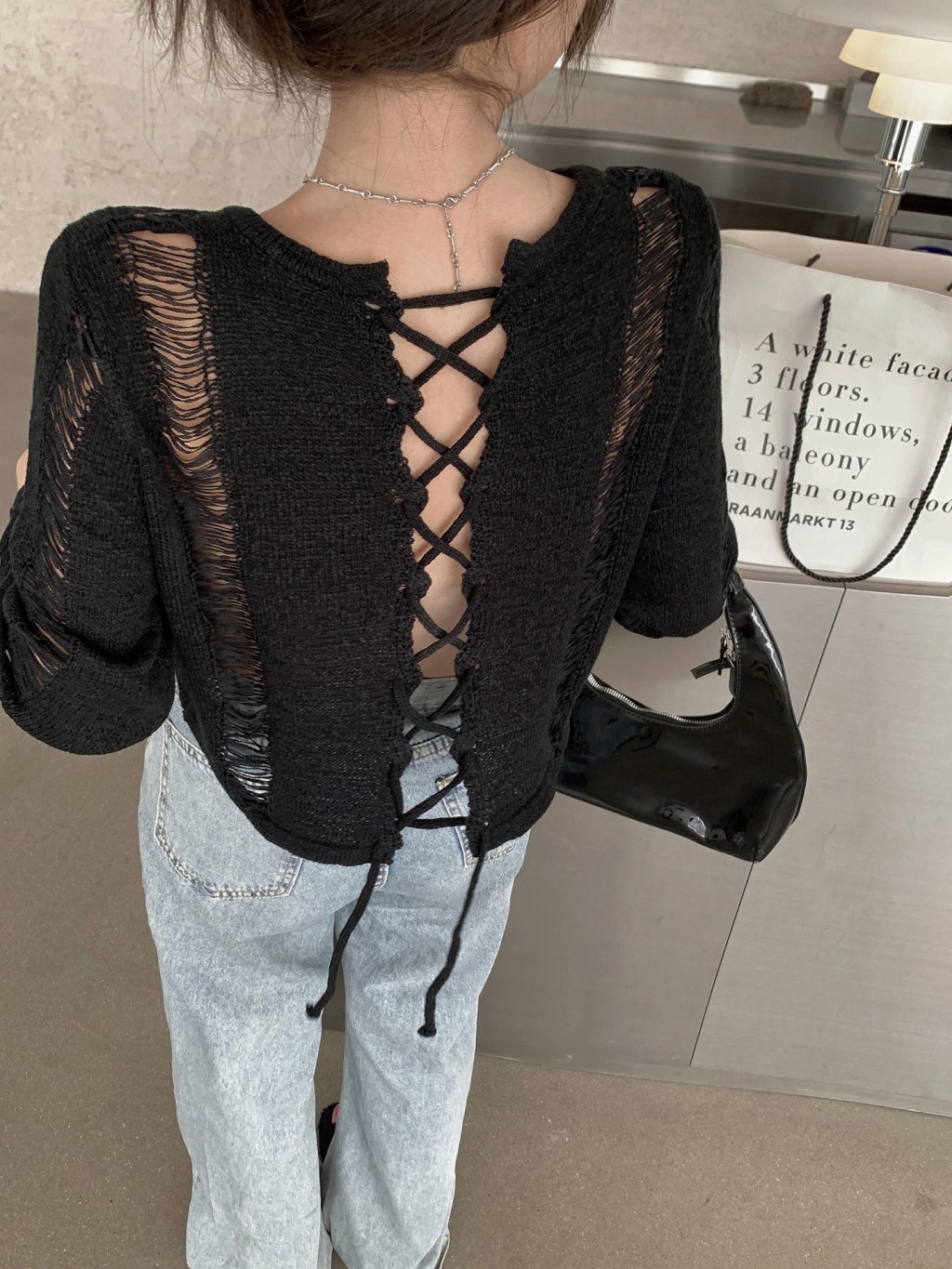 (image for) Cropped open-knit top with lace-up back