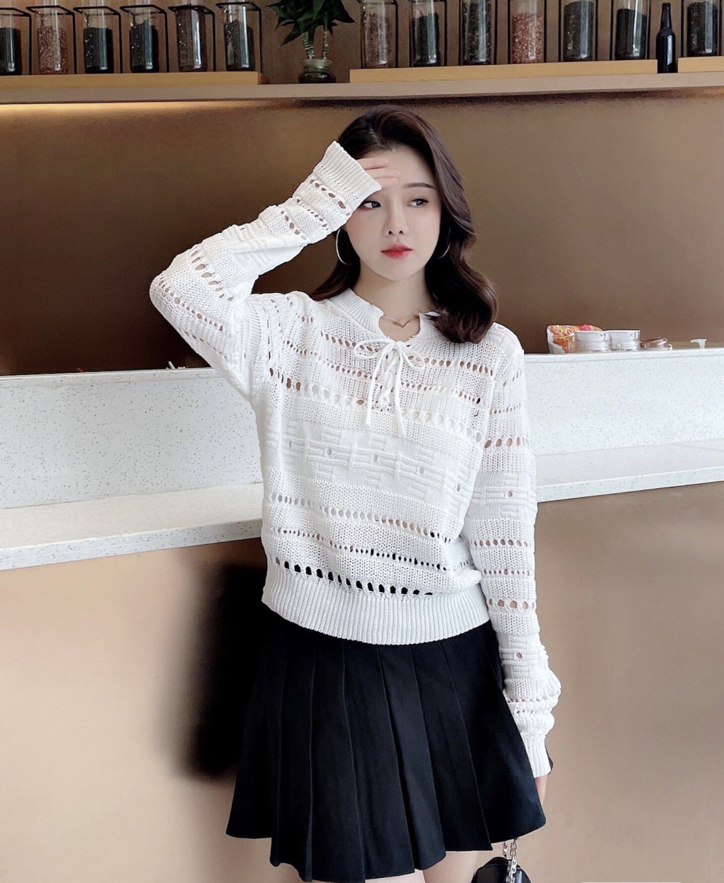 (image for) Openwork knit sweater with lace-up neckline