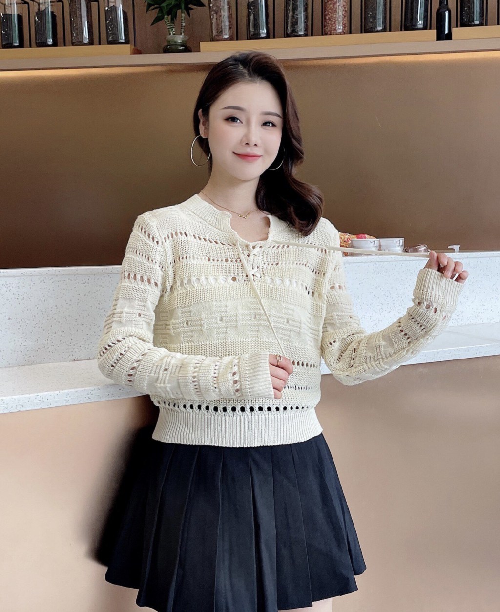 (image for) Openwork knit sweater with lace-up neckline