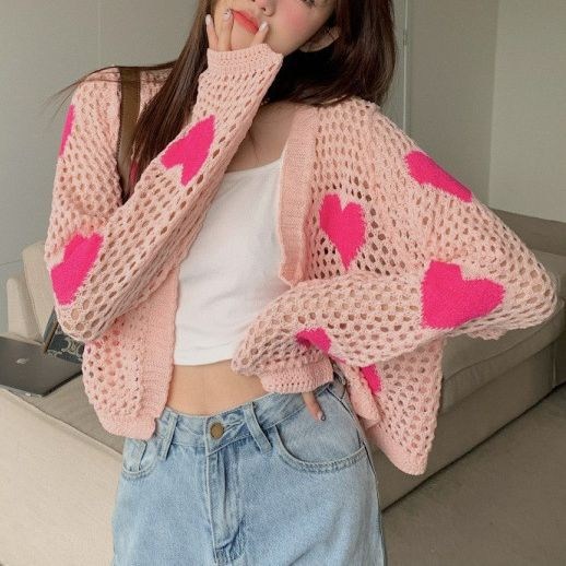 (image for) Open-knit cardigan with heart motif