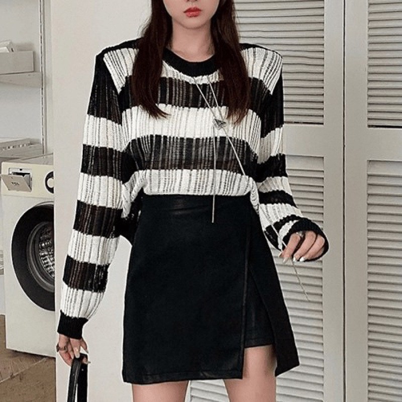 (image for) Ribbed knit striped sweater with open-knit finish