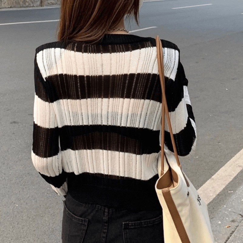 (image for) Ribbed knit striped sweater with open-knit finish