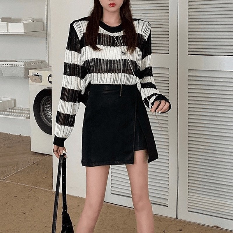 (image for) Ribbed knit striped sweater with open-knit finish